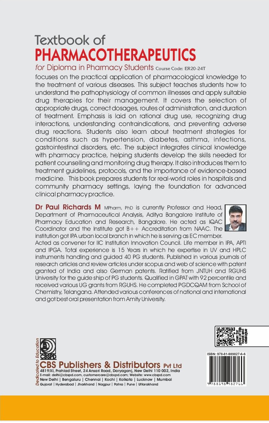 Textbook of pharmacotherapeutics for diploma in pharmacy students course code er20-24t