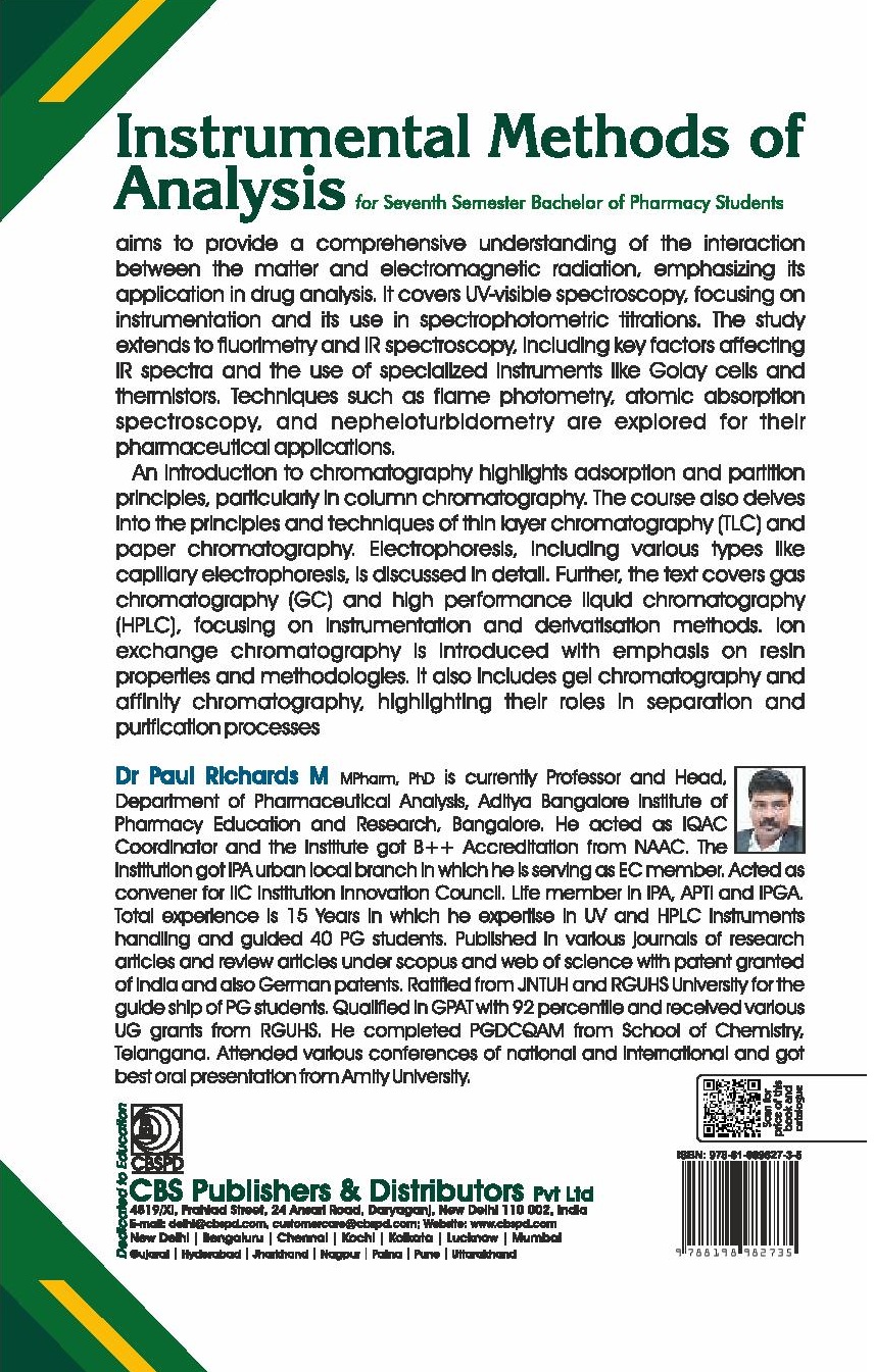 Instrumental methods of analysis for seventh semester bachelor of pharmacy students course code bp701t